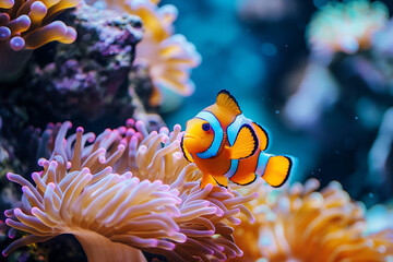A beautiful coral reef underwater scene, teeming with marine life, anemonefish, and sea anemones, colorful nature landscape photography.