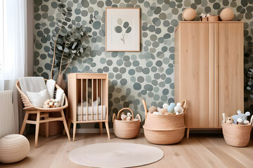 Stylish scandinavian newborn baby room with wooden cabinet, toys, children's chair, natural basket Modern interior with eucalyptus background walls, wooden parquet and cottona balls. Home decor.