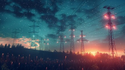 3D Render Of Power Transmission Lines with 3D Digital Visualization of Electricity. Fantastic Visuals of Night Sky Full of Bright Stars. Concept of Renewable Green Energy Powering Human Progress