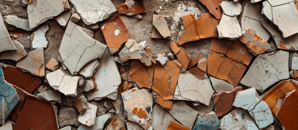 Poster detail of a weathered wall showing numerous fractured tiles scattered across the surface