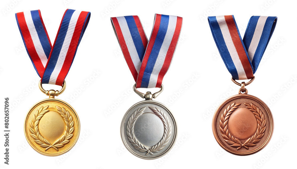 Poster set of three medals (gold, silver, and bronze) for first three winner , on a transparent background 