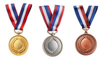 Set of three medals (gold, silver, and bronze) for first three winner , on a transparent background with a clipping path