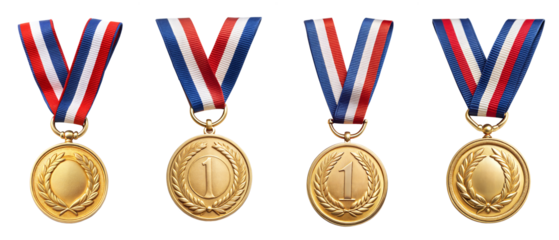 set of winning golden medal award for first prize , isolated on a transparent background. PNG, cutout, or clipping path	
