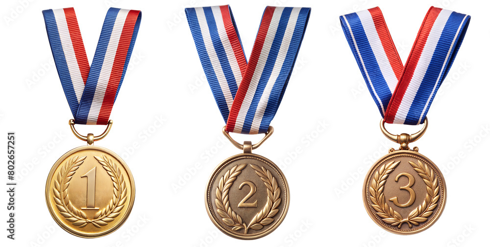 Poster Set of three medals for first three winner , on a transparent background with a clipping path