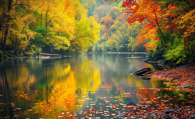 Tranquil river scene with vibrant reds, yellows, greens, and browns, depicting nature's beauty in its most vibrant form
