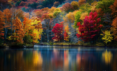 Tranquil river scene with vibrant reds, yellows, greens, and browns, depicting nature's beauty in...