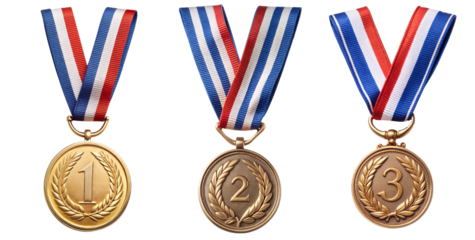 Set of three medals for first three winner , on a transparent background with a clipping path