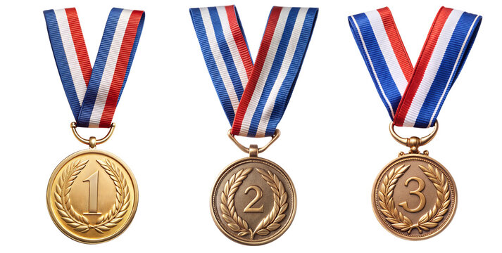 Set of three medals for first three winner , on a transparent background with a clipping path