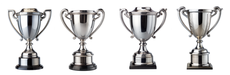 set of winning silver trophy cups for second prize , runner-up, isolated on a transparent background. PNG, cutout, or clipping path	
