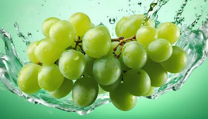 Floating Grapes: Fresh fruit bunch immersed in water, isolated on white Green, juicy, and ripe grapes create a vibrant cluster, embodying nature's bounty
