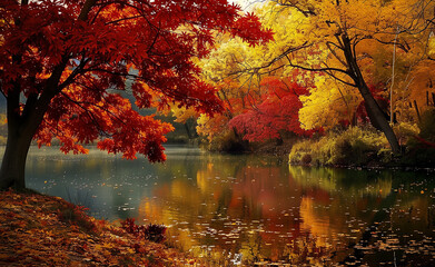 Tranquil river scene with vibrant reds, yellows, greens, and browns, depicting nature's beauty in...