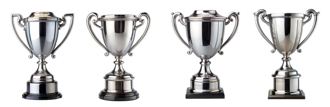 set of winning silver trophy cups for second prize , runner-up, isolated on a transparent background. PNG, cutout, or clipping path	

