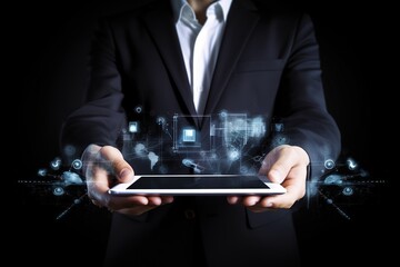 a man in a suit holds a tablet with the words technology on it.