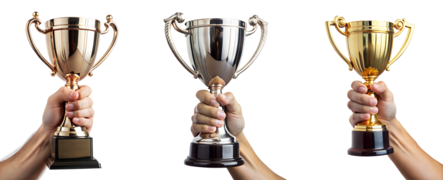 Three hands holding first, second, and third place trophies, isolated on transparent background, showcasing competition success and achievement.
- Powered by Adobe