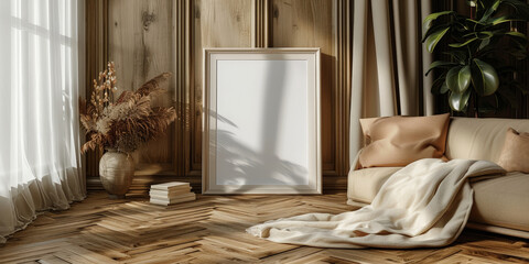 empty white blank frame mockup poster on white wall background with plant with window shadow.