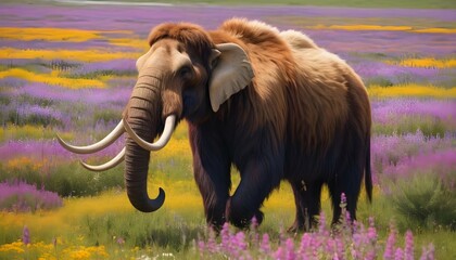 A Mammoth Standing In A Field Of Wildflowers The  2 - obrazy, fototapety, plakaty