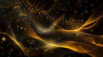 Abstract golden circles and lines on shiny black background with glowing glitter effect. Flowing composition of swirls, circles, and lines with light textured pattern