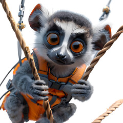 A 3D animated cartoon render of a friendly lemur rescuing a stranded hiker from a ravine.