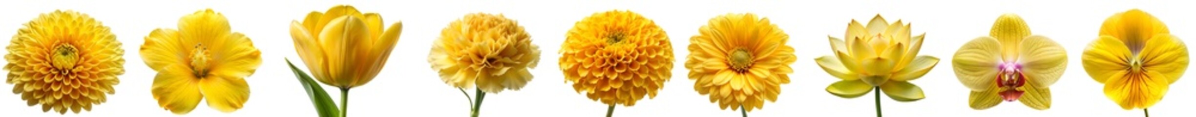 collection various yellow flowers ( Marigold, Tulip, Orchid, Daisy, Peony, Gerbera, Chrysanthemum, Poppy, Lotus ,Violet etc..) isolated on a transparent background .PNG, flowers with clipping path.	
 - Powered by Adobe