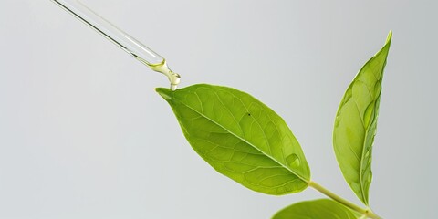 Pipette drops extracts to accelerate growth. onto green tea leaves in close range on a white background