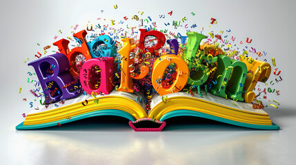 An open book with colorful 3D letters and characters bursting out from the pages, depicting a vibrant explosion of knowledge or creativity.