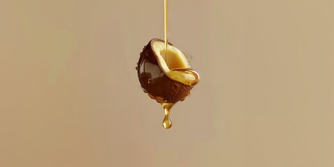 Drops of oil dripped onto the macadamia nuts. on a dark background