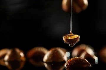 Drops of oil dripped onto the macadamia nuts. on a dark background