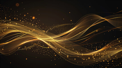 Abstract golden circles and lines on shiny black background with glowing glitter effect. Flowing composition of swirls, circles, and lines with light textured pattern