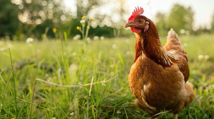 Free range chicken farm with chicken in garden outdoors,on the grass