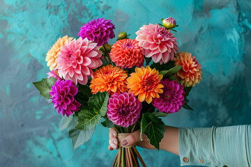 Female hand holds beautiful bouquet of dahlias and chrysanthemums, perfect for Mother's Day or holiday decor, flower delivery concept.