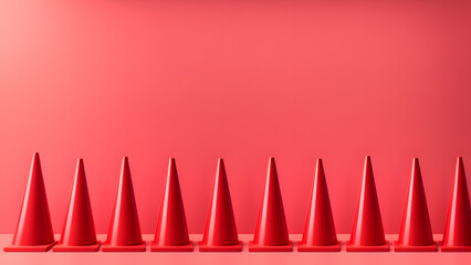 Fototapeta premium A row of red traffic cones lined up on a pink background