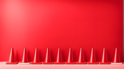 Fototapeta premium A row of red traffic cones are lined up on a red wall