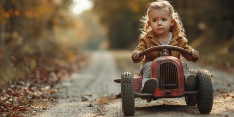 A little girl riding a pedal car on street among woods with a big space and blurry backdrop for text or product advertisement, Generative AI.