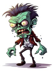 A highquality 2D vector illustration of a cartoon zombie, isolated on a white background, with vibrant colors and playful expression