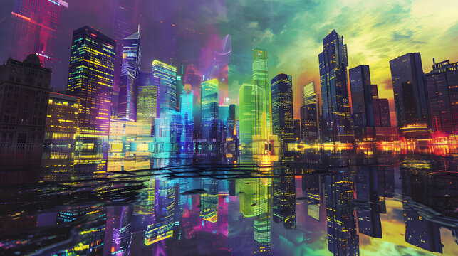 A city skyline rendered in a glitching digital style, with distorted buildings and vibrant color shifts