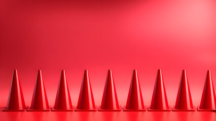 Fototapeta premium A row of red traffic cones are lined up on a red background