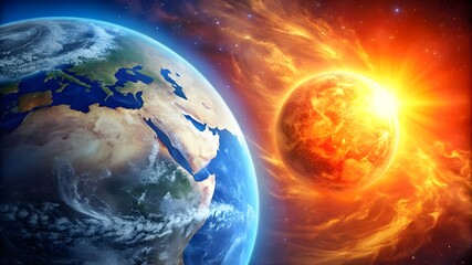 Earth, heat wave, Sun and high temperature environment with weather thermometer. Climate change, Hot climate, Extreme weather concept. 