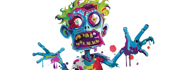 Bright and colorful 2D art of a zombie character isolated on white, ideal for childrens book illustrations and educational content