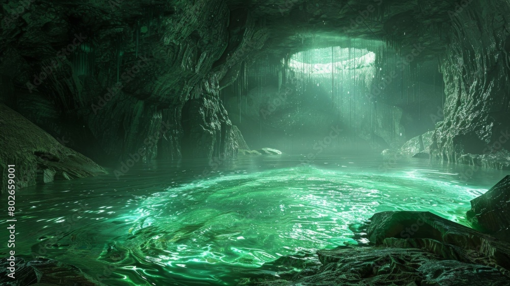Poster deep within a hidden cavern a glowing emerald pool reflects the image of the emerald tablet floating