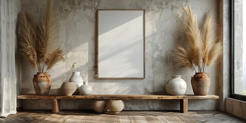 minimalist living room with beige wooden cabinets sideboard, empty white blank picture frame and plants on beige wall background ,copy space. boho style