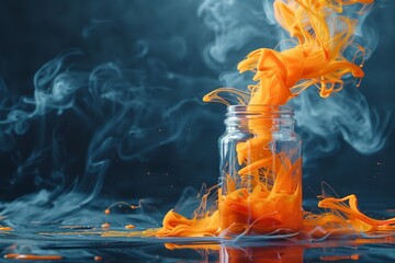 A close shot of orange paint swirling in water inside a transparent jar against a dark backdrop and a big space for text or product advertisement background,  Generative AI.