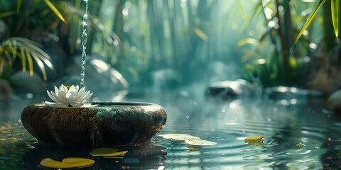 A spa theme with bamboo and water lily on a tub with a great interior and a big space for text or product advertisement background, Generative AI.