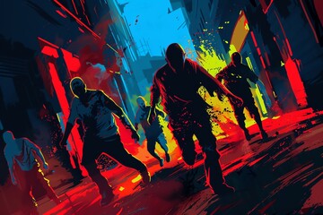 Highenergy zombie chase scene in 2D vector format, showcasing dynamic motion and vibrant colors, suitable for video game art and animations