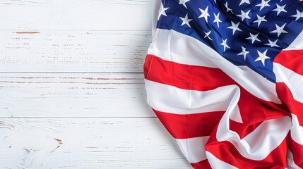 Fototapeta premium American flag on white wooden background top view