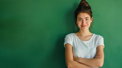 portrait of a young woman with a pleasant smile and crossed arms on a green studio background with copyspace