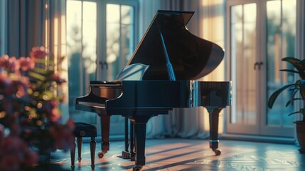 Generate a 3D rendering of a grand piano with an elegant pastel color palette