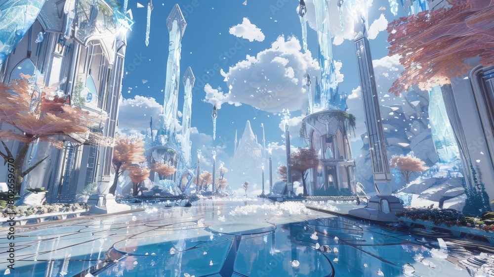 Poster in the floating city of aetheria the four elements are fused together in an intricate and stunning d