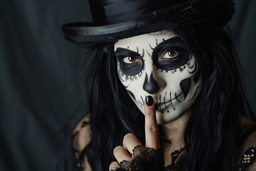 Woman with long black hair and skull face painting in various Halloween costumes at a studio, showcasing Halloween makeup and fashion.