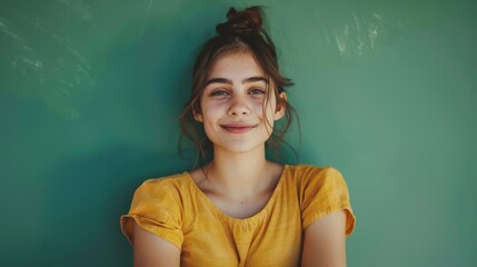 portrait of a young woman with a pleasant smile and crossed arms on a green studio background with copyspace