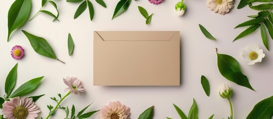 Flowers and leaves arranged creatively with a paper card note in a flat lay design, conveying a natural theme.